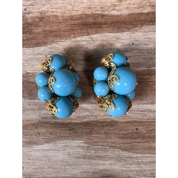 Joan Rivers Gold-Tone Clip-On Earrings With Blue Bead Clusters - Picture 5 of 6